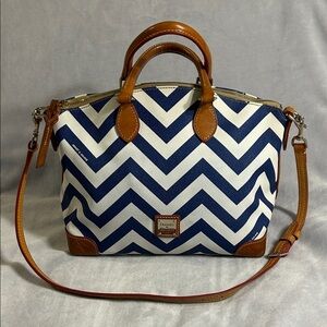 Dooney & Bourke Navy and Tan Chevron Satchel With Crossbody Strap